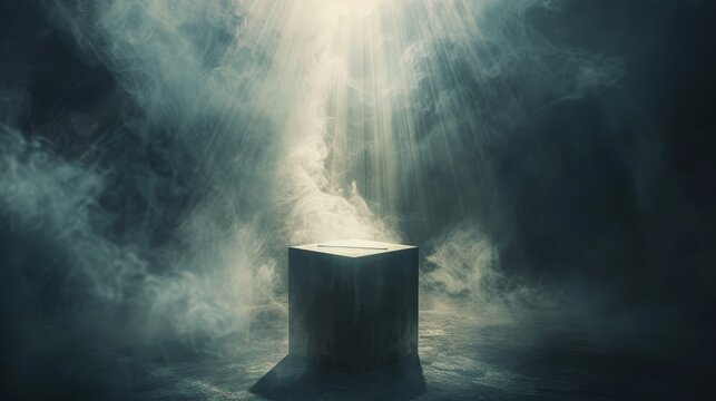 Surreal image of a ballot box surrounded by ethereal light in a dark space, with a sense of mystique and significance in the act of voting