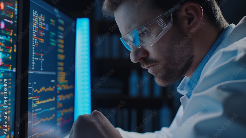 Poster a concentrated professional analyzes complex data visualizations on high-tech screens in an office l
