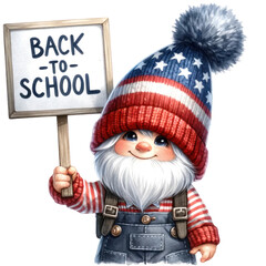 Festive gnome in patriotic outfit holding 'Back to School' sign, ready for academic season.Transparent background