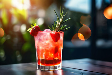 A delightful close-up showcases a chilled, red cocktail adorned with fresh raspberries and a lime slice. The vibrant colors and condensation on the glass create a refreshing and inviting image. - Powered by Adobe