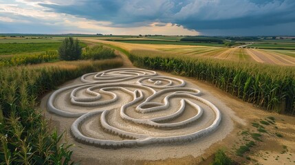 Top view of a detailed sand maze with intricate pathways, set in the middle of a cornfield, foreboding storm clouds gathering on the horizon