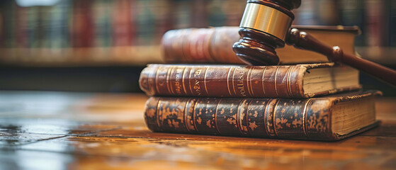 Closeup of a gavel and legal books on a desk