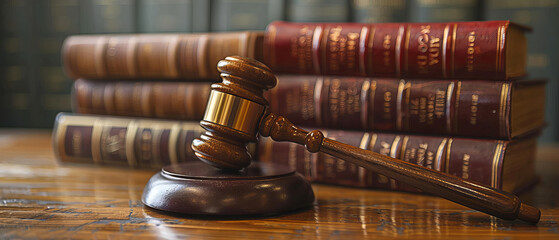 Closeup of a gavel and legal books on a desk