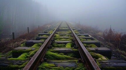 A historic railway with mossy sleepers stretches into the mist, evoking timelessness and mystery.