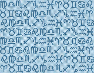 Seamless blue pixel background with zodiac signs.
