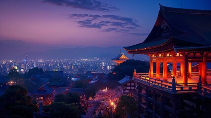 Obraz premium Traditional wooden roof with a deep red hue, surrounded by twilight's indigo sky, distant city lights reflecting off the tiles