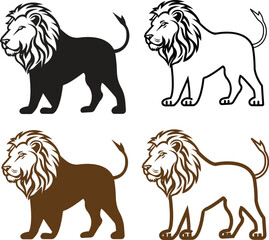 Royal flat king lions icons Set. Zoology illustration, majestic predator safari animal designs template. lions crown symbols collection. Premium luxury brand identity logos on transparent background.