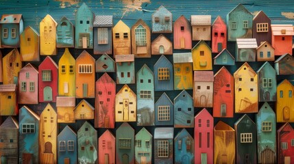 Colorful Wooden Houses Lining City Streets with Copy Space on Top Banner, Vibrant Urban Scene Showcasing Charming Architecture