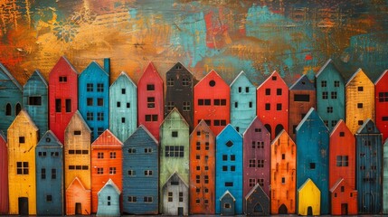 Colorful Wooden Houses Lining City Streets with Copy Space on Top Banner, Vibrant Urban Scene Showcasing Charming Architecture