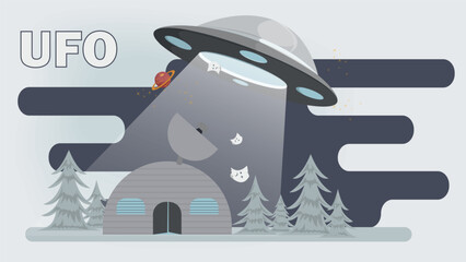 A flat illustration of a UFO flying at night over a hangar with a radio telescope on the roof located in the forest