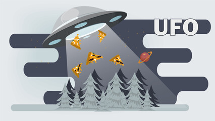 A flat illustration of a UFO stealing pizza slices at night in a forest against a starry sky