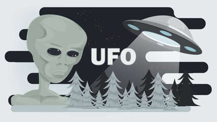 Flat illustration of an alien over a forest at night and a flying UFO