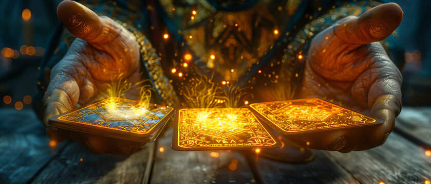 Closeup of fortune teller shuffling tarot cards