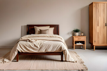 Single wooden bed with beige bedding and blanket next to stylish wooden cabinet in elegant bedroom