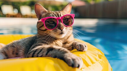 Cool cat with pink shades relaxing on yellow pool float 