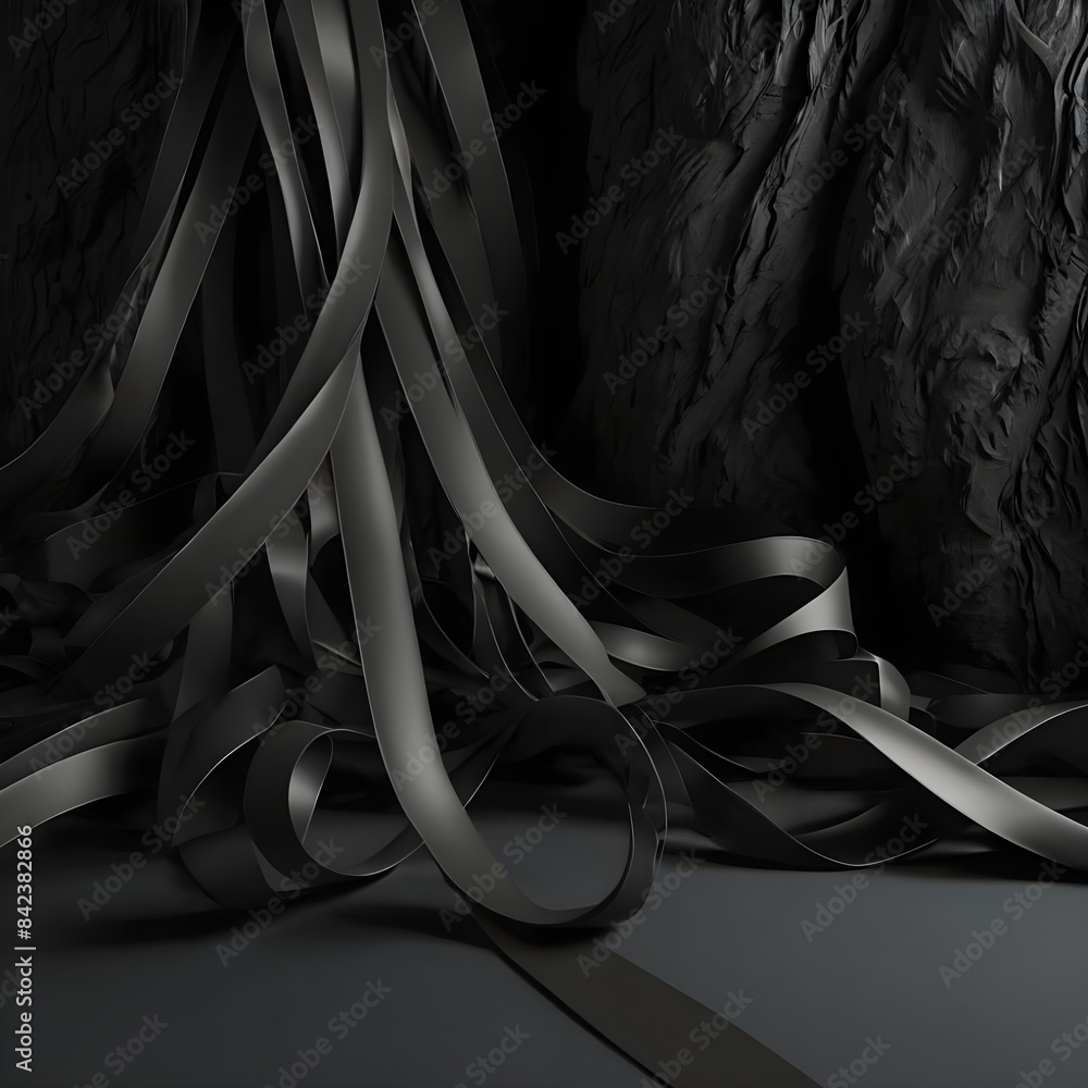 Poster 3d render. abstract fashion background with black wavy ribbon inside dark room. folded scroll genera