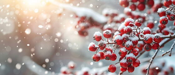 Closeup of snowcovered berries on a branch with a blurred snowy background