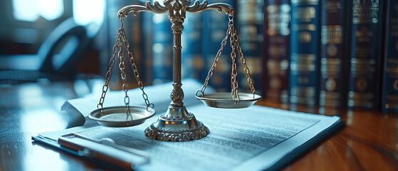 Closeup of scales of justice and a legal contract
