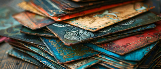 Fototapeta premium Closeup of tarot cards with intricate mystical designs