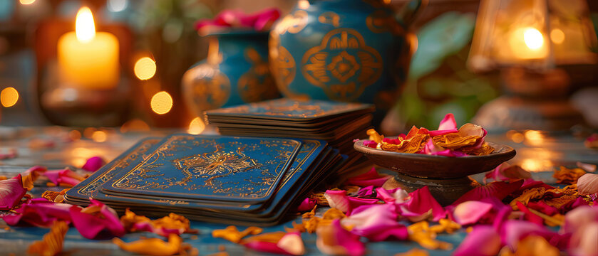 Closeup of tarot cards with mystical symbols