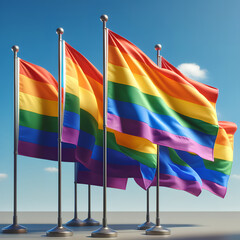 Colorful Display of Unity: Five Vibrant Rainbow Flags Fluttering in the Wind on White Background Symbolizing Pride and Diversity