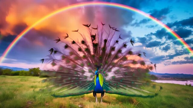 A peacock with its feathers fully open stands gracefully under a vibrant rainbow. The lush green landscape and dramatic sky enhance the peacock's vivid colors. 
