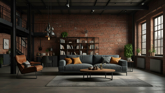 3D render of a living room loft designed in an industrial style, featuring exposed brick walls and modern furnishings for a contemporary look.