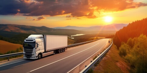 Overtaking trucks on an asphalt road in a rural landscape at sunset