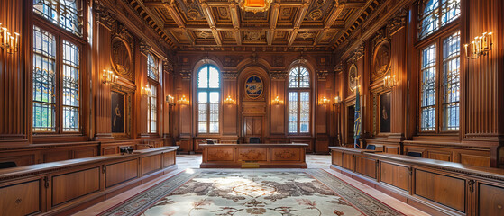 Obraz premium Courtroom with ornate ceiling and large windows