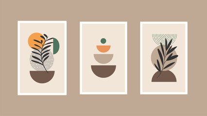 Set of 3 Minimalist wall art. Abstract geometric prints for boho aesthetic interior. Home decor wall prints