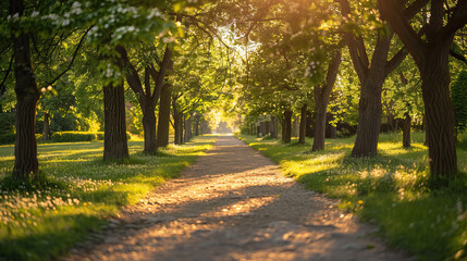 Obraz premium A dirt path lined with tall trees in a lush green forest