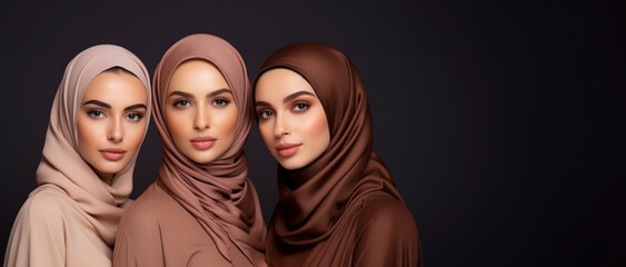 Portrait of model girl a Arab group of beautiful women with natural beauty and glowing smooth skin, Muslim Women In Hijab Headscarf, Modern Islamic Ladies, Arabic Female Fashion Concept