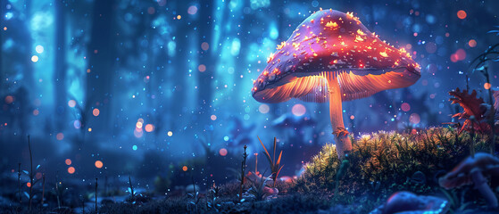Dense dark forest illuminated by a single tall vibrant glowing bioluminescent mushroom