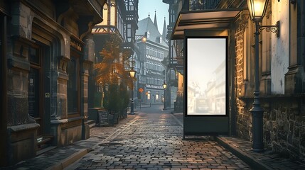 Fototapeta premium Old town bus stop with a narrow vertical blank billboard on a cobbled lane, historic buildings, and gas lamps.