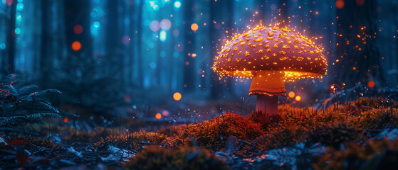 Dense forest floor lit up by a single vibrant glowing bioluminescent mushroom in the dark