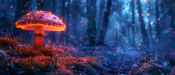 Dense forest illuminated by a single vibrant glowing bioluminescent mushroom
