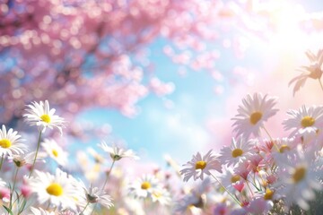 Spring Daisies and Cherry Blossoms in Sunlight
