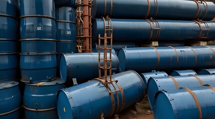 Horizontal blue stock pile of stock drums barrels of oil a chemical  in industrial field.generative.ai