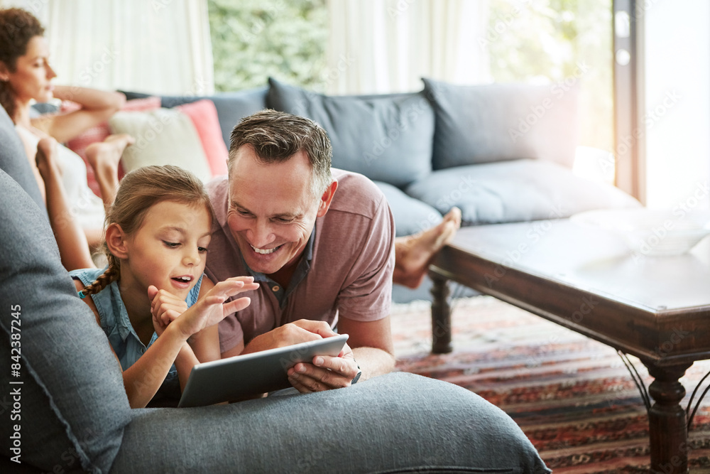 Poster Man, tablet and kid watching as family on weekend, break at home for online gaming or streaming. Happy people, lounge and relax with together in bonding as parent for growth, development or love