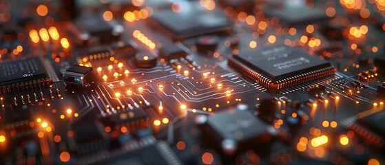 Detailed closeup of glowing components on a digital circuit board