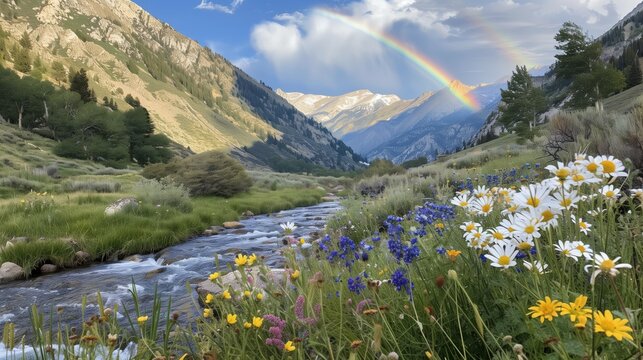 A picturesque mountain valley with a flowing river, vibrant wildflowers, and a radiant rainbow creating an enchanting scene.