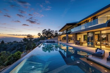 Fototapeta premium Modern Hillside Mansion with Glass Walls, Infinity Pool, and Valley Views