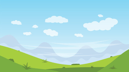landscape carton scene background. green field with mountain and white cloud blue sky