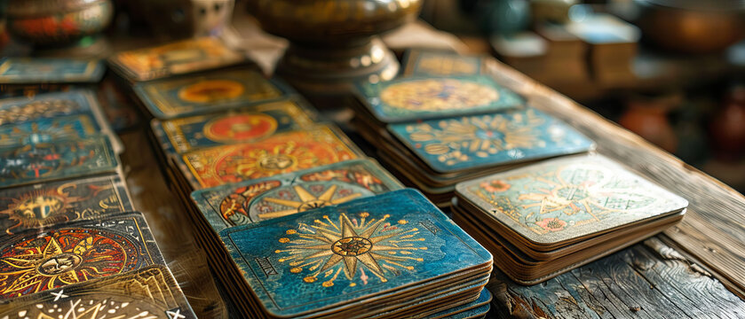 Detailed tarot card spread on a wooden table