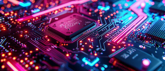 Dynamic closeup of hightech circuit board with multicolored lights
