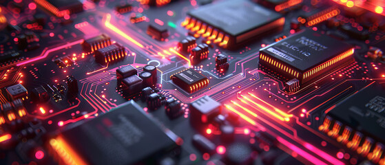 Fototapeta premium Dynamic closeup of hightech circuit board with multicolored lights