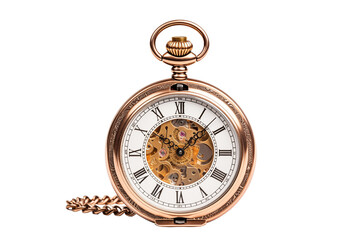 Close-up shot of a vintage pocket watch isolated on a pristine transparent background