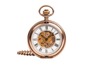 Close-up shot of a vintage pocket watch isolated on a pristine transparent background