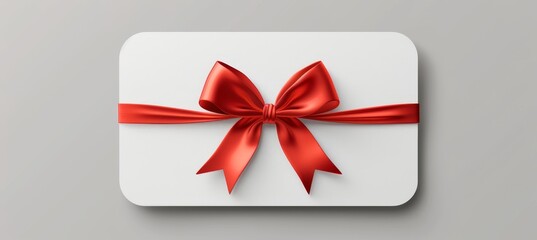 Minimalistic white gift voucher with red ribbon bow on grey background for elegant presentations