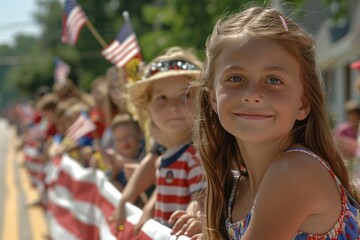 Families gather along a parade route, children waving small American flags and adults dressed in patriotic attire. The festive atmosphere captures the spirit of Independence Day and the joy of